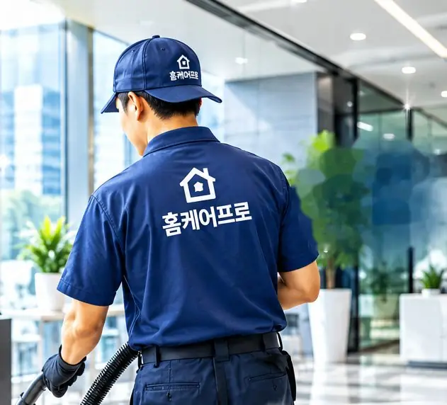 홈케어프로 유니폼을 입은 전문가가 사무 공간을 청소하는 모습
